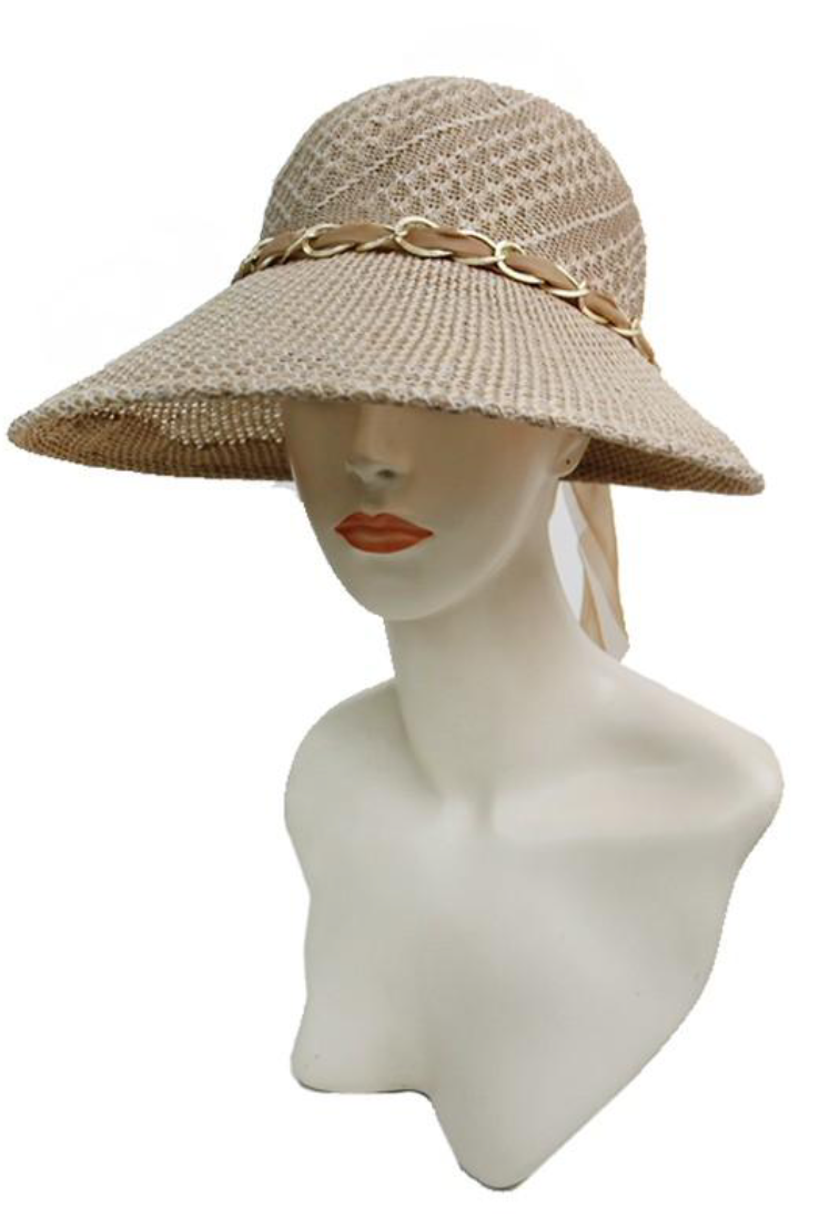 Woven Lace Chiffon Chained Detailed Visor Styled Sun Hat Mocha