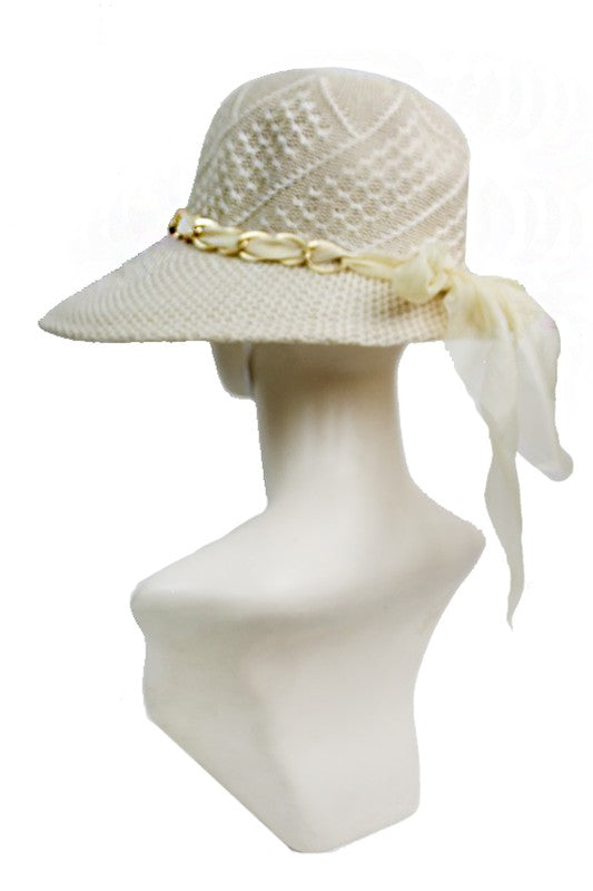 Woven Lace Chiffon Chained Detailed Visor Styled Sun Hat Cream