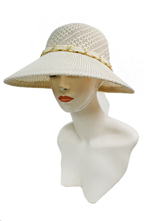 Woven Lace Chiffon Chained Detailed Visor Styled Sun Hat Cream